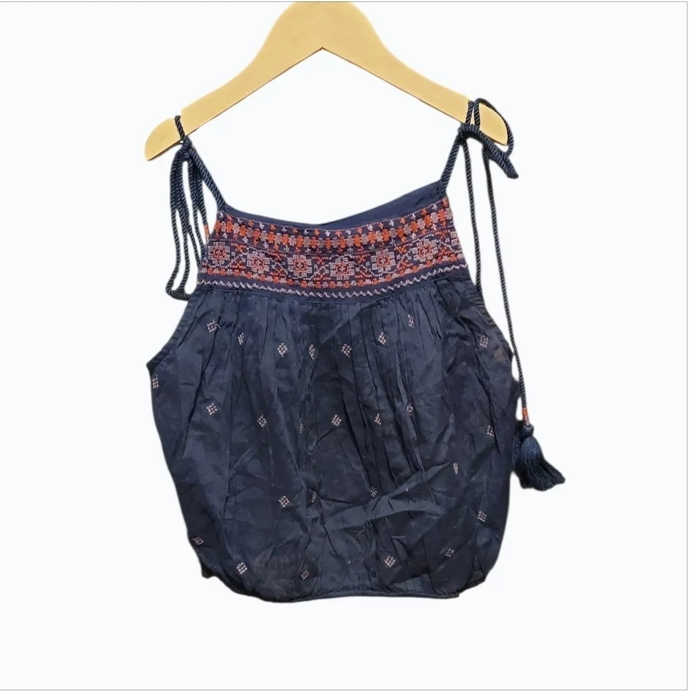 NWT Free People Hippy Navy Camisole Top With Red Embroidery Size XS